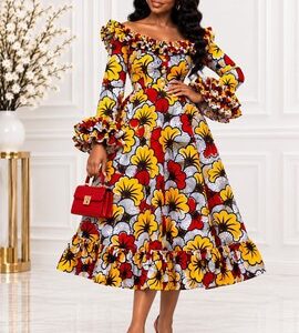 Orange Ankara Statement Ruffle Midi Dress