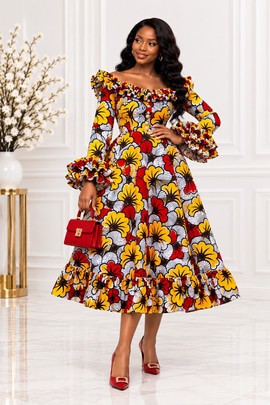 Orange Ankara Statement Ruffle Midi Dress