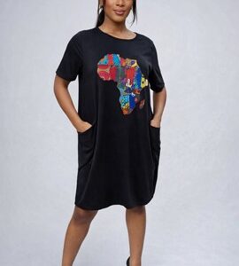 Black Loose Pocket Dress with Africa Map Print