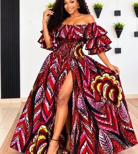 Burgundy Ankara Mermaid Gown with Ruffle Sleeves