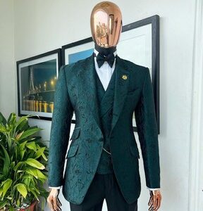 Emerald Green Floral Jacquard Notch Lapel Suit
