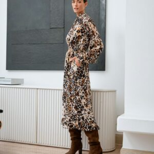 Mocha Print Tie Neck Ruffle Dress