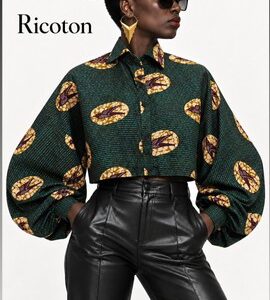 Green Balloon Sleeve Cropped Blouse
